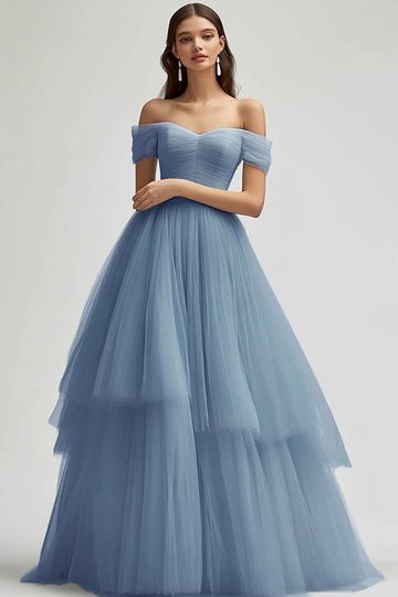 Off The Shoulder Grey Blue A Line Tulle Long Prom Dress